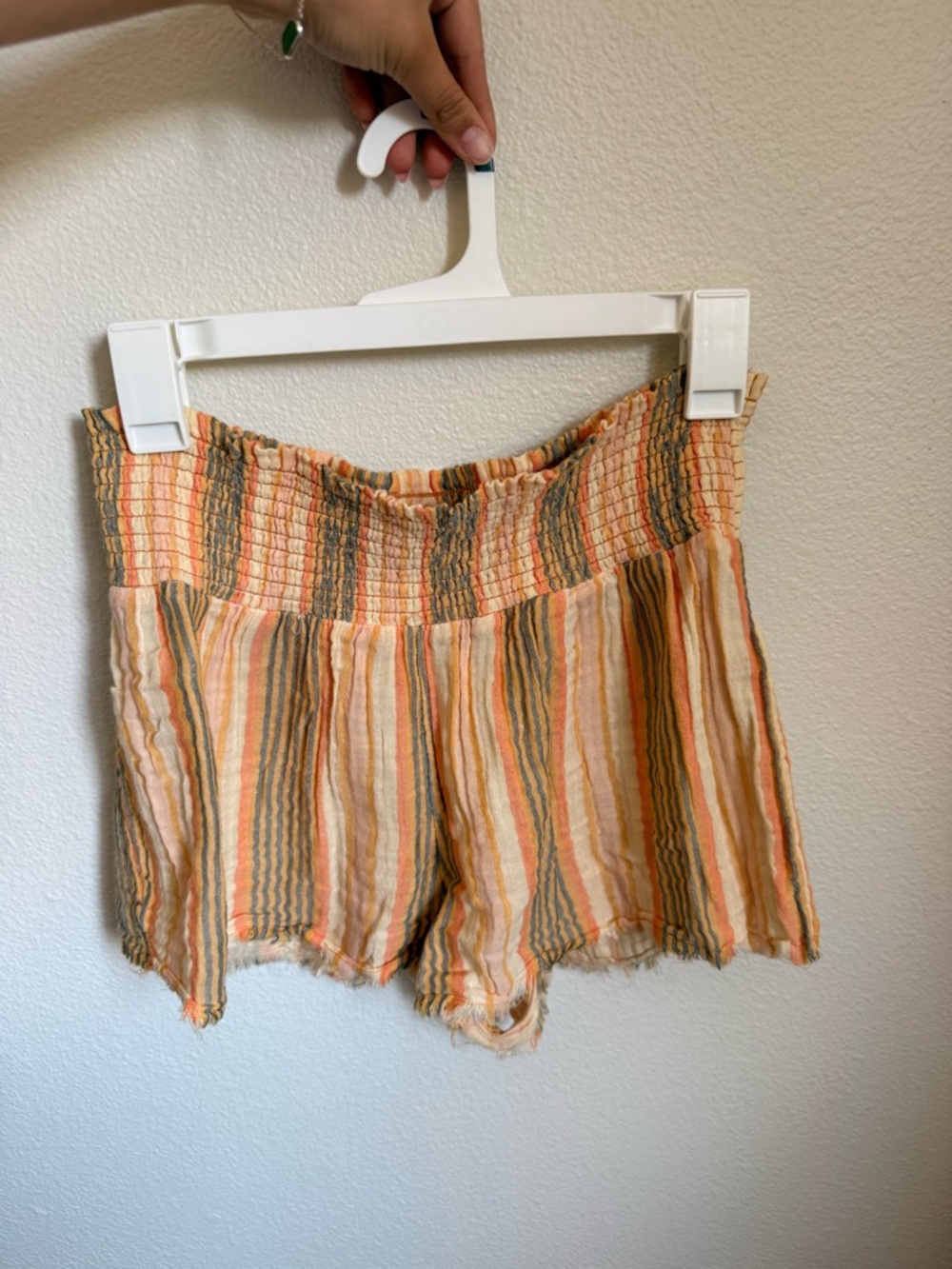 Urban Outfitters Striped Smocked-Waist Shorts in Peach, Cream, Olive